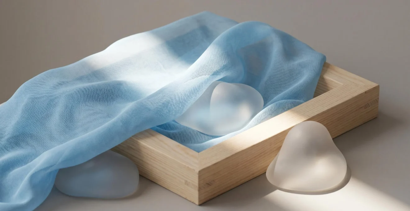Composition minimaliste en studio présentant un tissu technique bleu clair posé sur une structure géométrique en bois, avec des formes organiques translucides captant la lumière naturelle sur fond beige apaisant