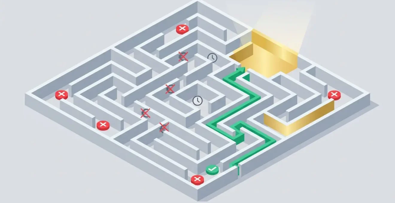 Illustration isométrique d'un labyrinthe 3D avec plusieurs chemins : impasses marquées de croix rouges symbolisant les erreurs et un chemin vert menant vers une sortie lumineuse