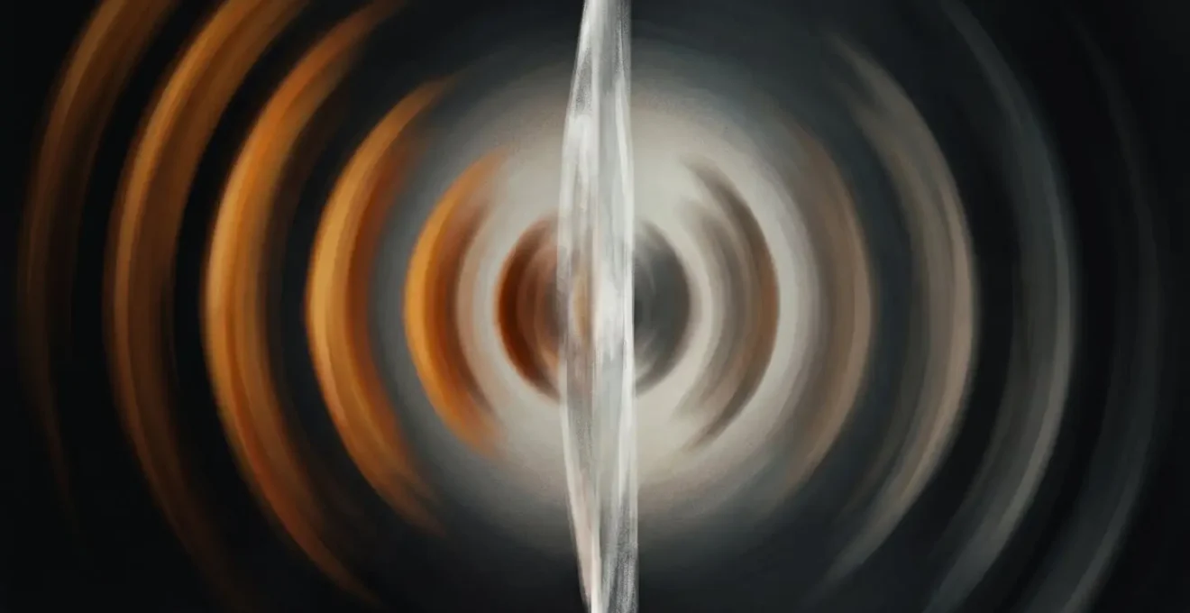 Visualisation abstraite d'ondes sonores orange et grises traversant une membrane translucide verticale qui filtre sélectivement les fréquences, sur fond sombre en clair-obscur